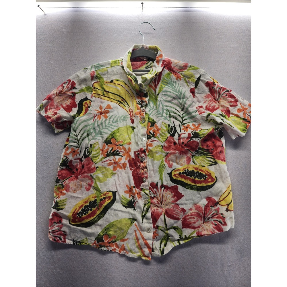 C&C California Womens Small 100% Linen Tropical Fruit Floral Button Up Shirt - Picture 6 of 8